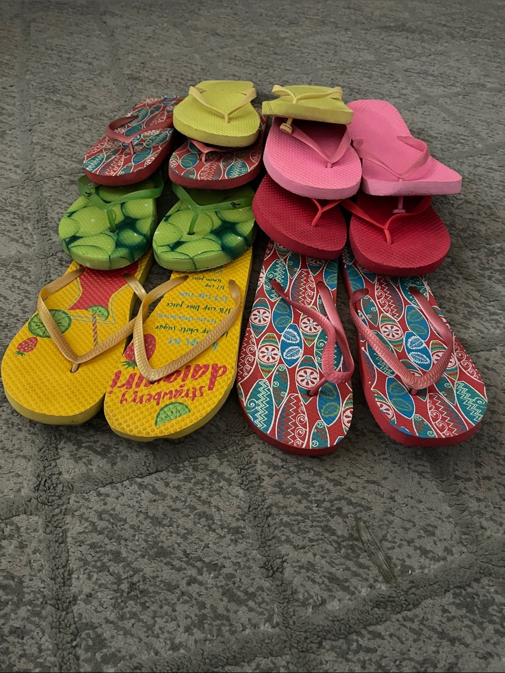 7 pairs Colorful Assorted Flip Flop Lot — Yellow, Green, Pink, Red, Teal
